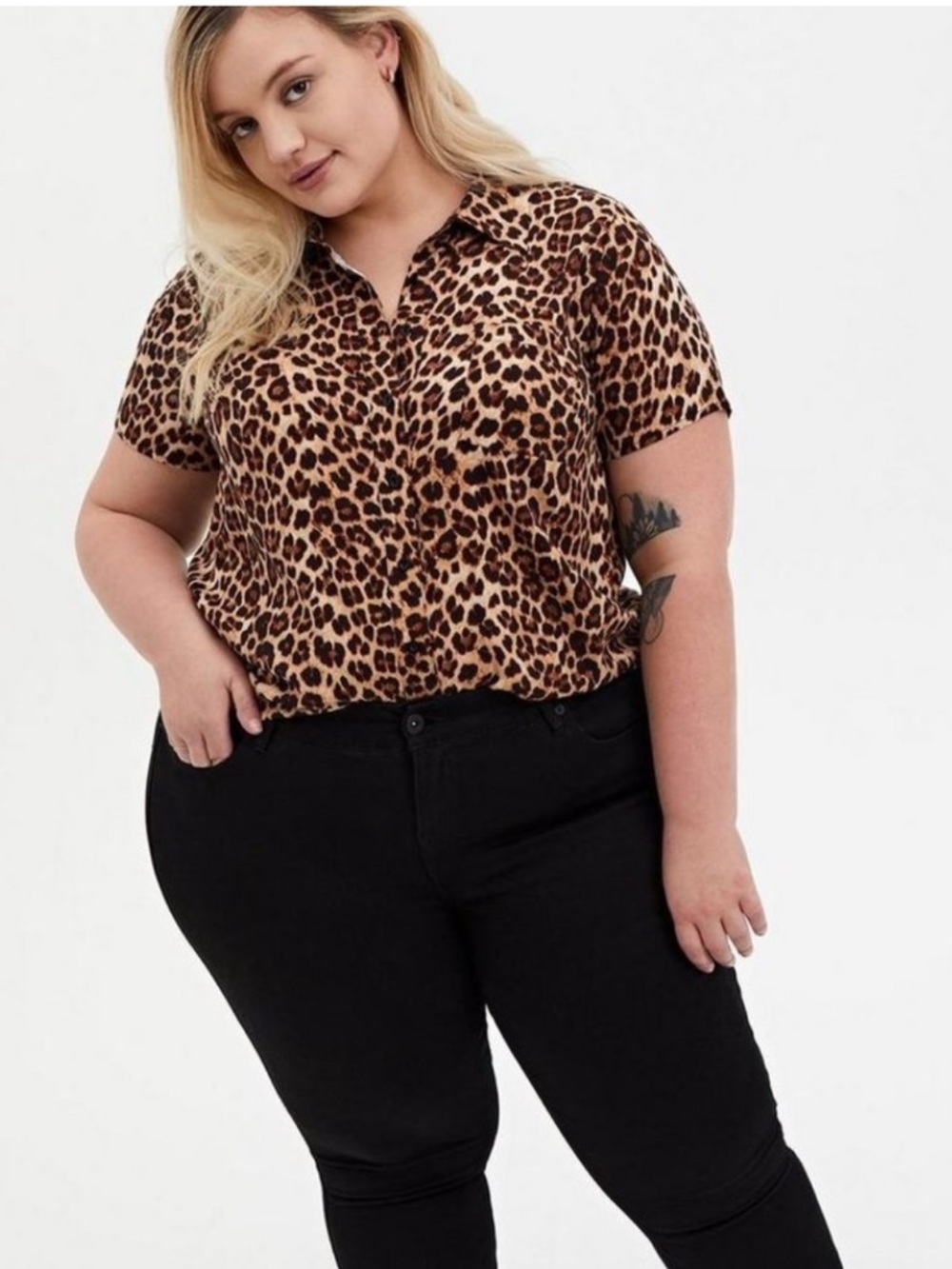 torrid Leopard Print Short Sleeve Button Down - Brown, Black